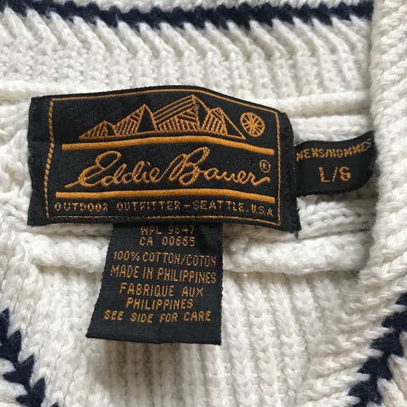 VTG Men's Eddie Bauer 100% Cotton V Neck Knit Sweater L Cream Navy Cableknit Lg - Picture 4 of 7
